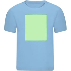 A blue short-sleeve T-shirt with a blank green patch for custom designs. Features a logo on the label.