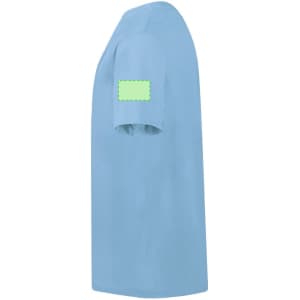 A light blue kids' t-shirt featuring a blank patch on the sleeve and a round neck design.