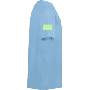 A light blue children's T-shirt with a blank green patch on the sleeve.