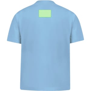 A light blue kids' t-shirt featuring a blank rectangular area on the back for customisation.