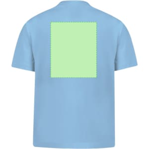 A light blue children's t-shirt featuring a plain green square on the back and a logo on the front.