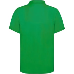 A green adult polo shirt with a classic collar, featuring a logo on the back.