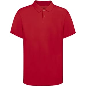 A red adult polo shirt featuring a collar, short sleeves, and a logo.