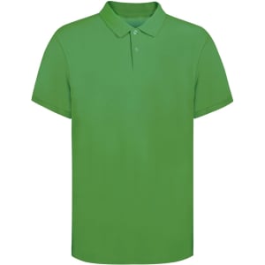 A green adult polo shirt with a classic collar and buttons, featuring a logo.