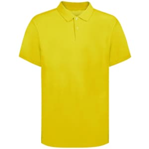 A bright yellow adult polo shirt with a classic collar and three buttons, featuring a logo on the chest.