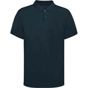 A dark navy blue adult polo shirt with a collar and two buttons, featuring a logo.