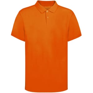 An orange polo shirt with a classic collar and short sleeves, featuring a logo on the chest.
