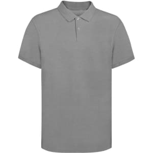 A grey adult polo shirt with a basic collar and three buttons, featuring a logo on the chest.