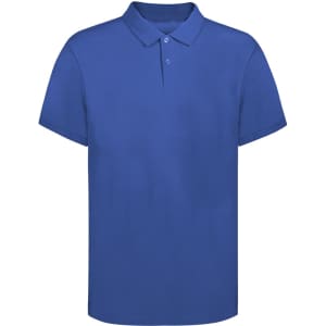 A blue adult polo shirt with a classic collar, featuring a logo on the chest.