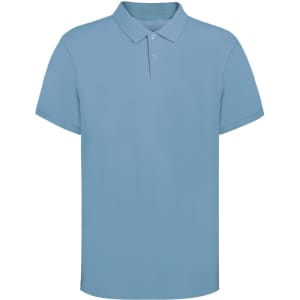 A light blue adult polo shirt featuring a collar and a logo. Short sleeves and a classic fit design.