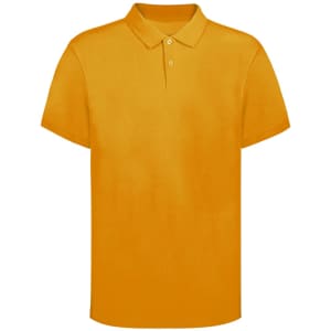 A bright orange adult polo shirt featuring a classic collar and a logo on the chest.
