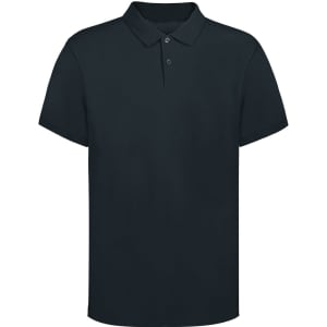 A navy blue adult polo shirt featuring a collar and button placket, with a logo on the chest.