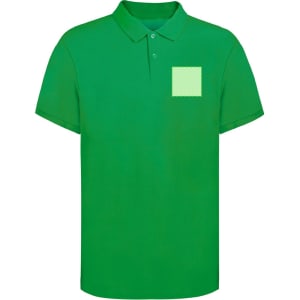 A green polo shirt featuring a logo placement on the left chest area. Short sleeves and a classic collar design.
