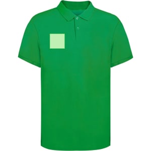 A green polo shirt featuring a square patch area, with a collar and three buttons. It has a logo on the chest.