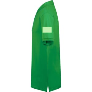 A green polo shirt with a short sleeve and an unmarked patch on the sleeve, featuring a logo.