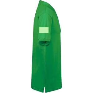 A green adult polo shirt with a short sleeve and a logo on the arm.