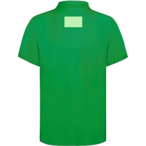 A green polo shirt with a collar and short sleeves, featuring a logo on the back.