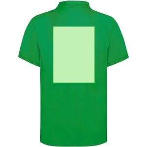 A green adult polo shirt featuring a blank area on the back and a logo on the front.