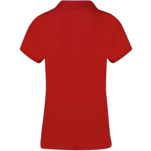 A red women's polo shirt with a fitted design and a collar. It features a logo on the back.