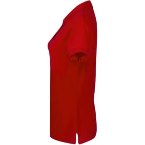 A red women's polo shirt featuring a collar and short sleeves, with a logo on the front.