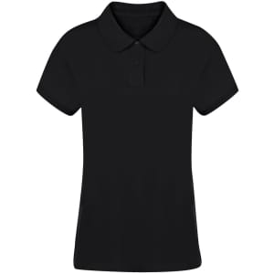 A black polo shirt for women featuring a collar and a subtle logo. Short sleeves with a fitted design.