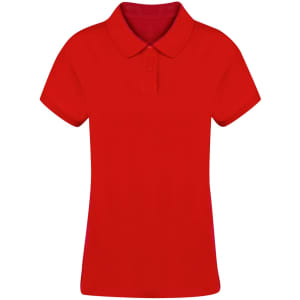 A red women's polo shirt with a collar and short sleeves, featuring a button placket and a logo.