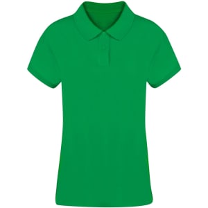 A green women's polo shirt featuring a traditional collar and a fitted design, with a logo present.