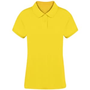 A yellow women's polo shirt featuring a collar, short sleeves, and a styled fit. It has a logo on the chest.