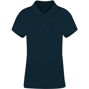 A navy blue women's polo shirt with a collar and short sleeves, featuring a logo.