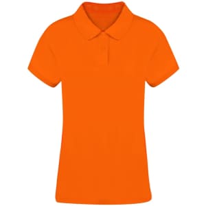 An orange women's polo shirt featuring a classic collar and short sleeves. It has a logo on the chest area.
