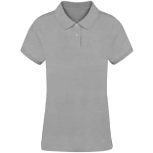 A grey women's polo shirt with a collar and short sleeves, featuring a button placket and a logo.
