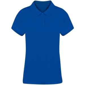 A blue women's polo shirt with a classic collar and short sleeves, featuring a logo.