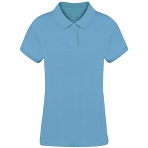 A women's polo shirt in a vibrant turquoise blue with a classic collar and short sleeves. It has a logo.