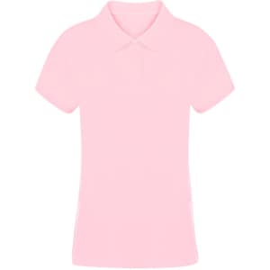 A pink women's polo shirt featuring a classic collar and short sleeves. The shirt has a logo on it.