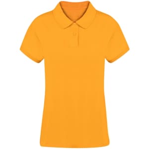 An orange women's polo shirt with a classic collar and short sleeves, featuring a logo.