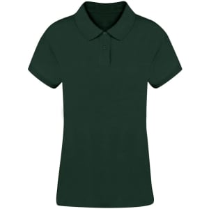 A dark green women's polo shirt with a collar and buttons, featuring a logo.