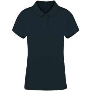 A navy blue women’s polo shirt featuring a classic collar and short sleeves. It includes a logo on the chest.