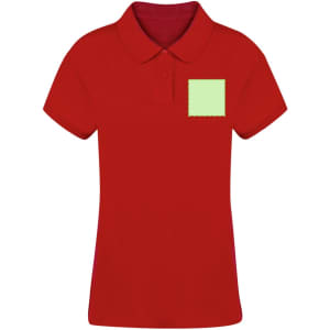 A red women's polo shirt featuring a green square patch. The shirt has a collar and short sleeves.