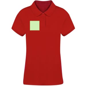 A red women's polo shirt featuring a square patch on the upper left side and a collar. It has a logo on the chest.