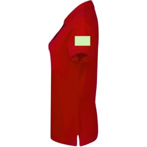 A red polo shirt for women with a short sleeve and a logo on the sleeve.