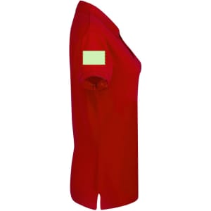 A red women's polo shirt featuring a short sleeve and a logo on the sleeve.