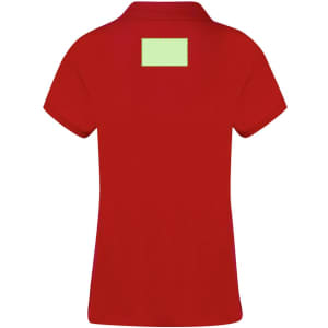 A red polo shirt for women featuring a collar and a logo on the back.