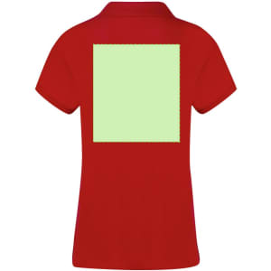 A red women's polo shirt featuring a blank green square on the back and a logo on the front.