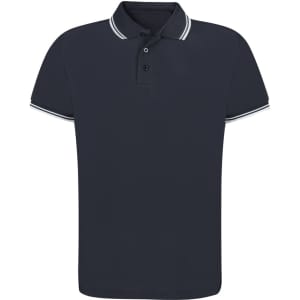 A navy polo shirt featuring a collar and contrasting trim, with a button placket and an embedded logo.