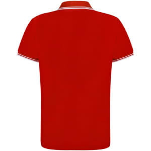 A red polo shirt with a collar and contrasting trim, featuring a logo on the front.