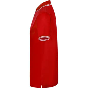 A red polo shirt featuring a classic design with contrasting collar and sleeve trim. It has a logo on it.