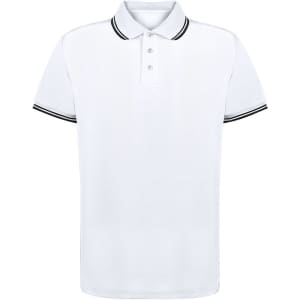 A white polo shirt with black stripes on the collar and sleeves, featuring a front placket and a logo.