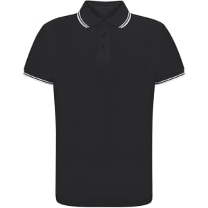 A black polo shirt with a collar, featuring contrasting white trim and a logo.