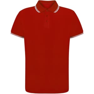 A red polo shirt with a collared neck and contrasting striped detail on the collar and sleeves, featuring a logo.