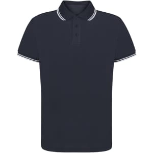 A navy blue polo shirt featuring a classic collar and contrasting stripes on the sleeves. It has a logo.